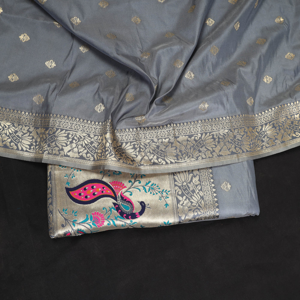 Grey - 3pc Weave Silk Paithani Dress Material 05