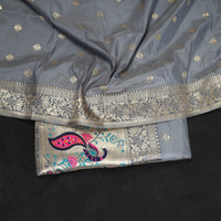 Grey - 3pc Weave Silk Paithani Dress Material 05