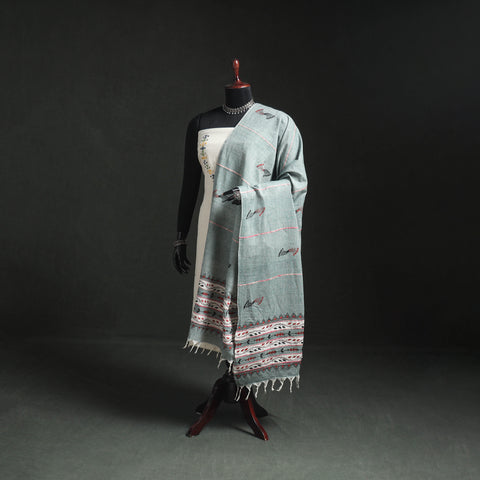Green - Kantha Hand Embroidered Khes Handwoven Cotton Dupatta 13