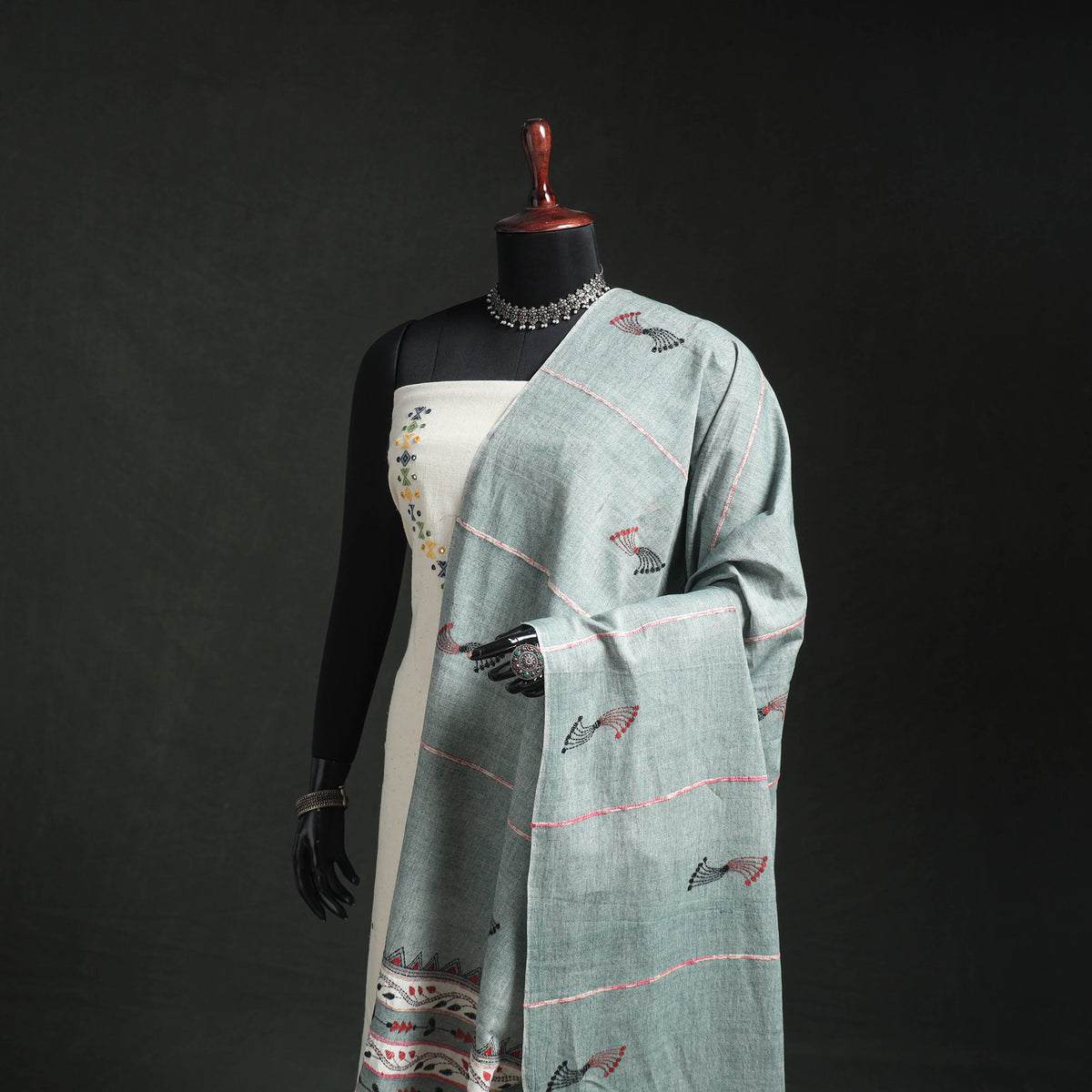 Kantha Hand Embroidered Khes Handwoven Cotton Dupatta 13