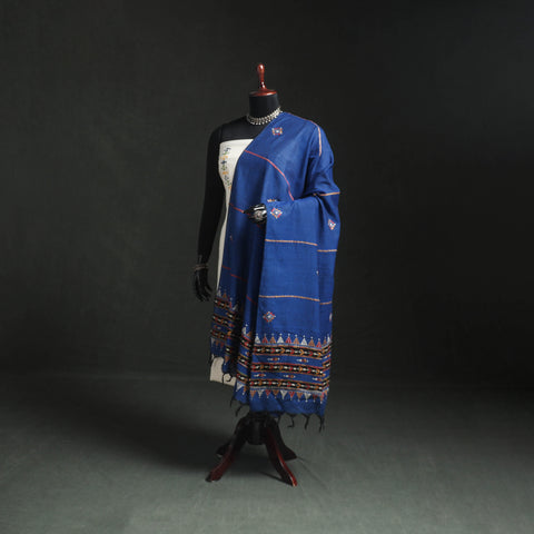 Blue - Kantha Hand Embroidered Khes Handwoven Cotton Dupatta 14