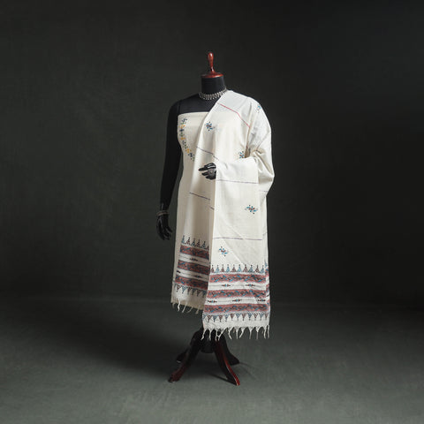 White - Kantha Hand Embroidered Khes Handwoven Cotton Dupatta 16