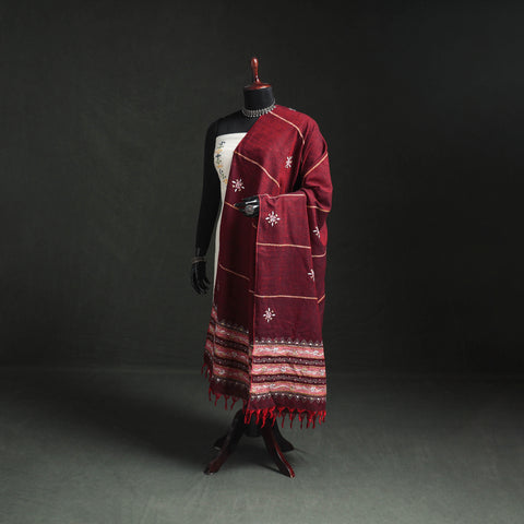 Multicolor - Maroon - Kantha Hand Embroidered Khes Handwoven Cotton Dupatta 18
