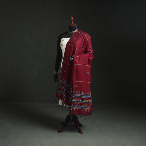 Maroon - Kantha Hand Embroidered Khes Handwoven Cotton Dupatta 19