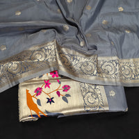 Grey - 3pc Weave Silk Paithani Dress Material 07