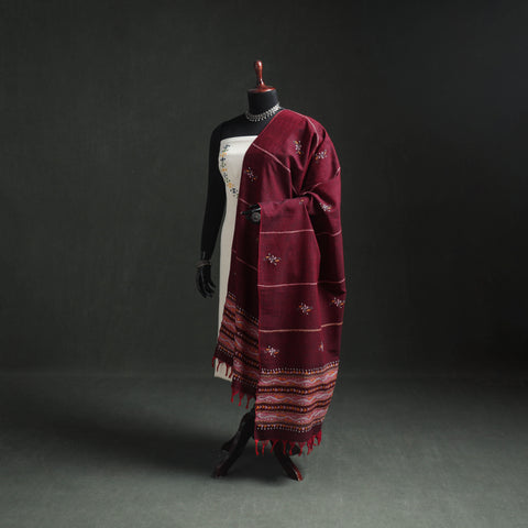 Maroon - Kantha Hand Embroidered Khes Handwoven Cotton Dupatta 22