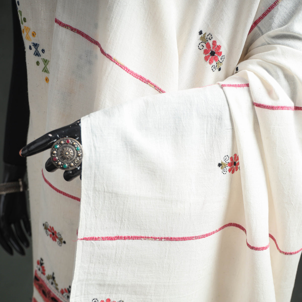 Kantha Hand Embroidered Khes Handwoven Cotton Dupatta 24