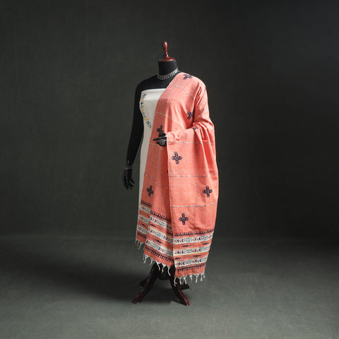 Peach - Kantha Hand Embroidered Khes Handwoven Cotton Dupatta 25