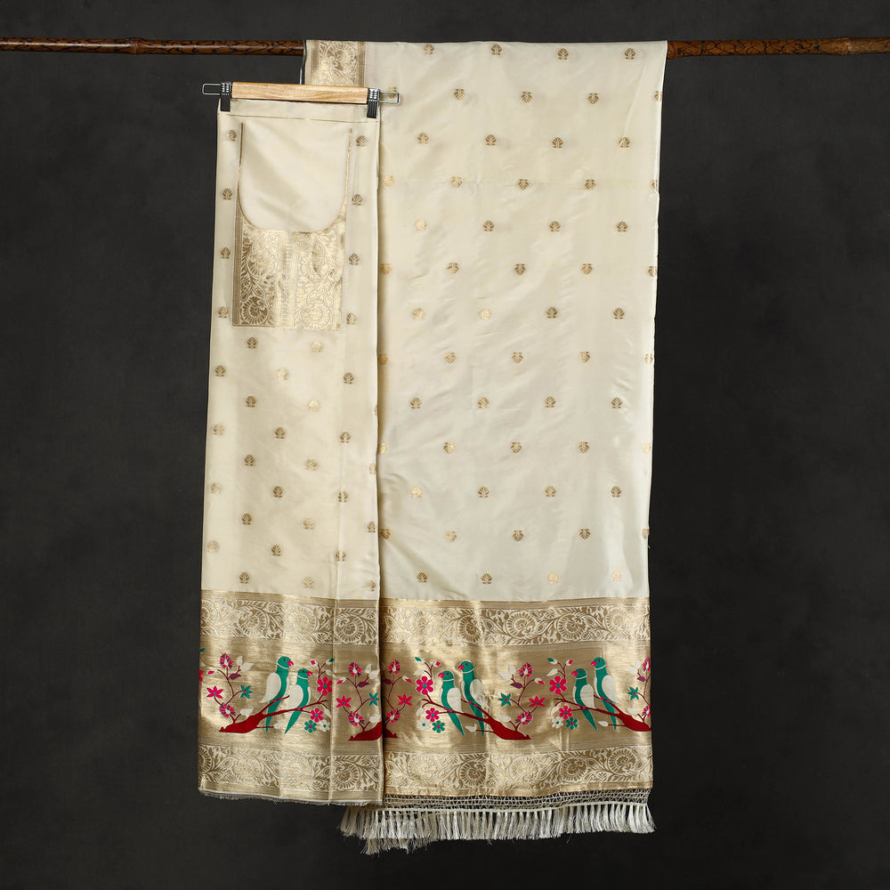 White - 3pc Weave Silk Paithani Dress Material 03