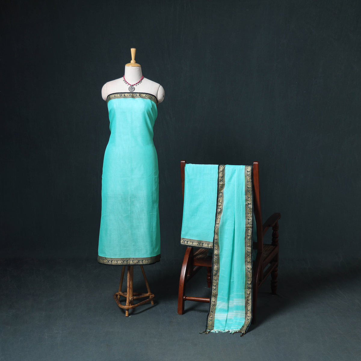 Dharwad Mercerised Cotton Plain Thread Border Unstitched Dress Material: Kurta, Bottom & Dupatta 35