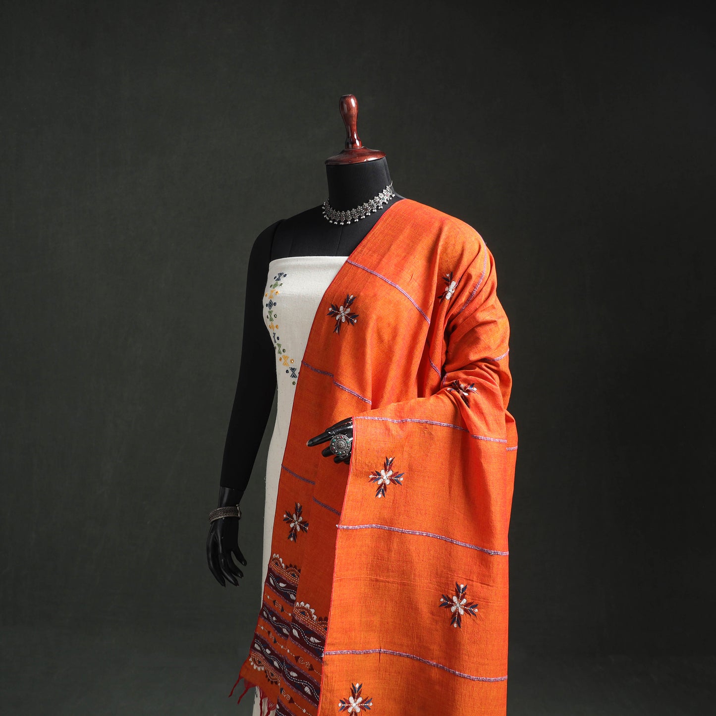 Kantha Hand Embroidered Khes Handwoven Cotton Dupatta 26