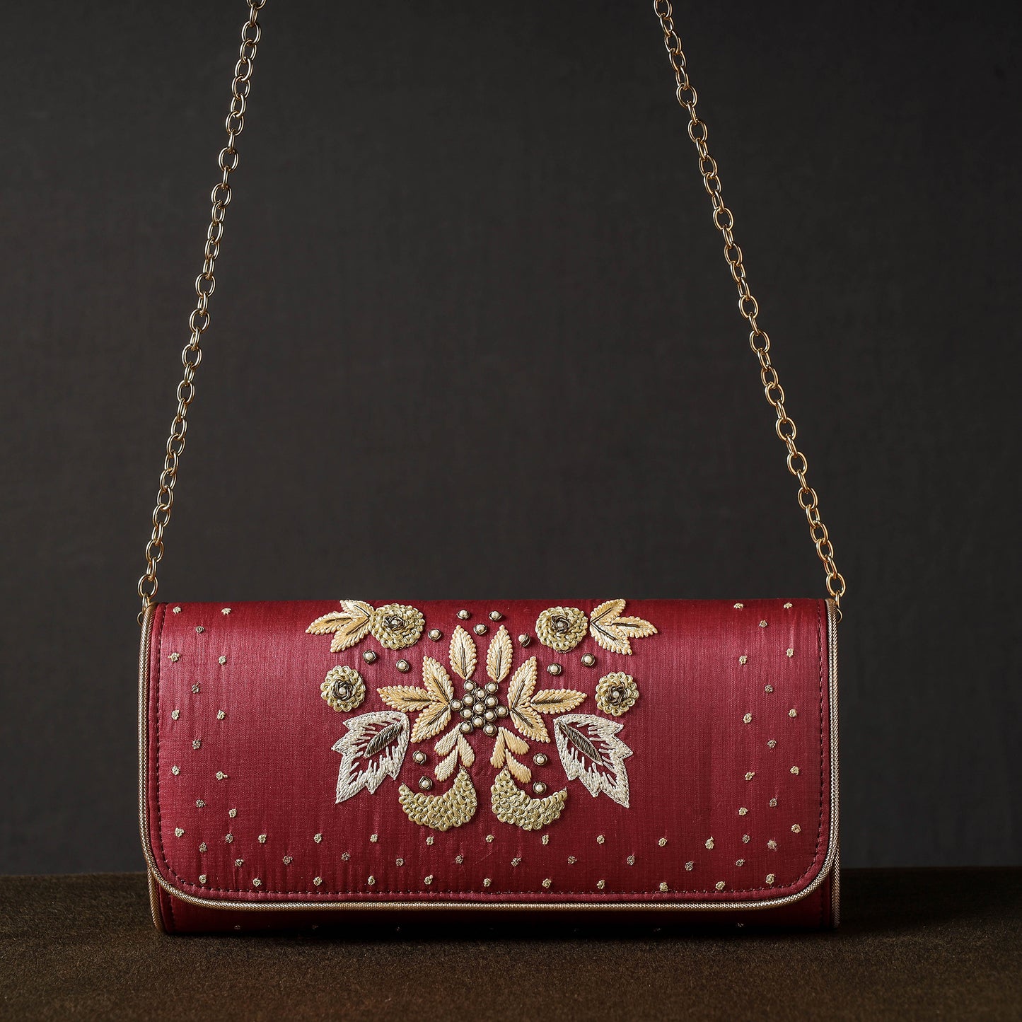 Chikankari Hand Embroidery Tussar Silk Clutch / Sling Bag