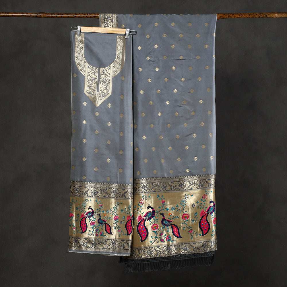 Grey - 3pc Weave Silk Paithani Dress Material 05