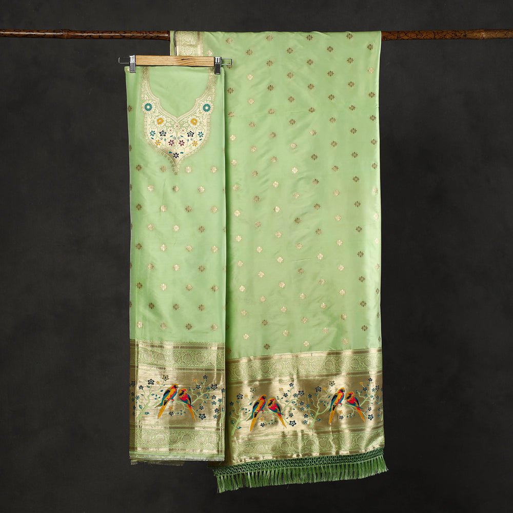 Green - 3pc Weave Silk Paithani Dress Material 06