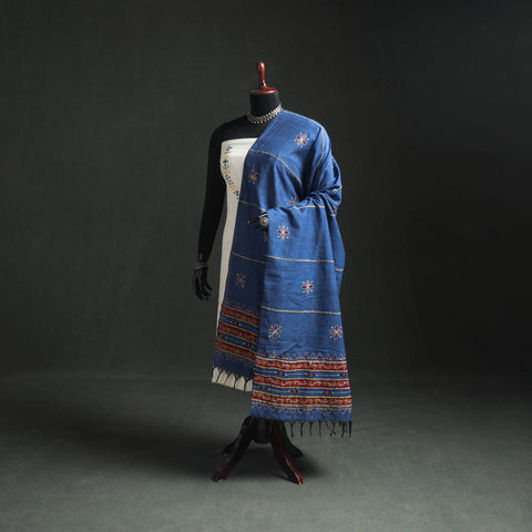 Blue - Kantha Hand Embroidered Khes Handwoven Cotton Dupatta 29