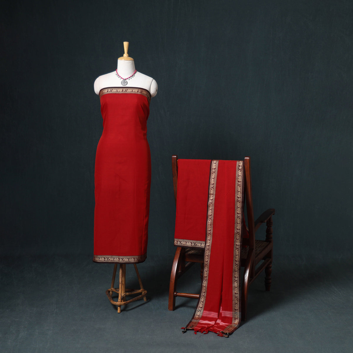 Dharwad Mercerised Cotton Plain Thread Border Unstitched Dress Material: Kurta, Bottom & Dupatta 37