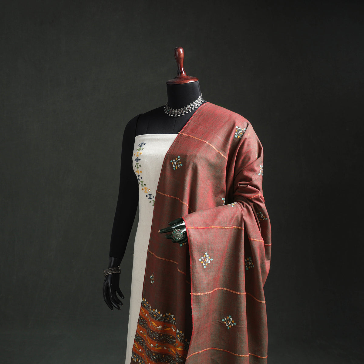 Kantha Hand Embroidered Khes Handwoven Cotton Dupatta 30