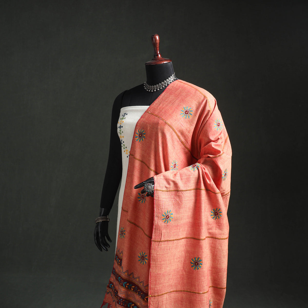 Kantha Hand Embroidered Khes Handwoven Cotton Dupatta 32
