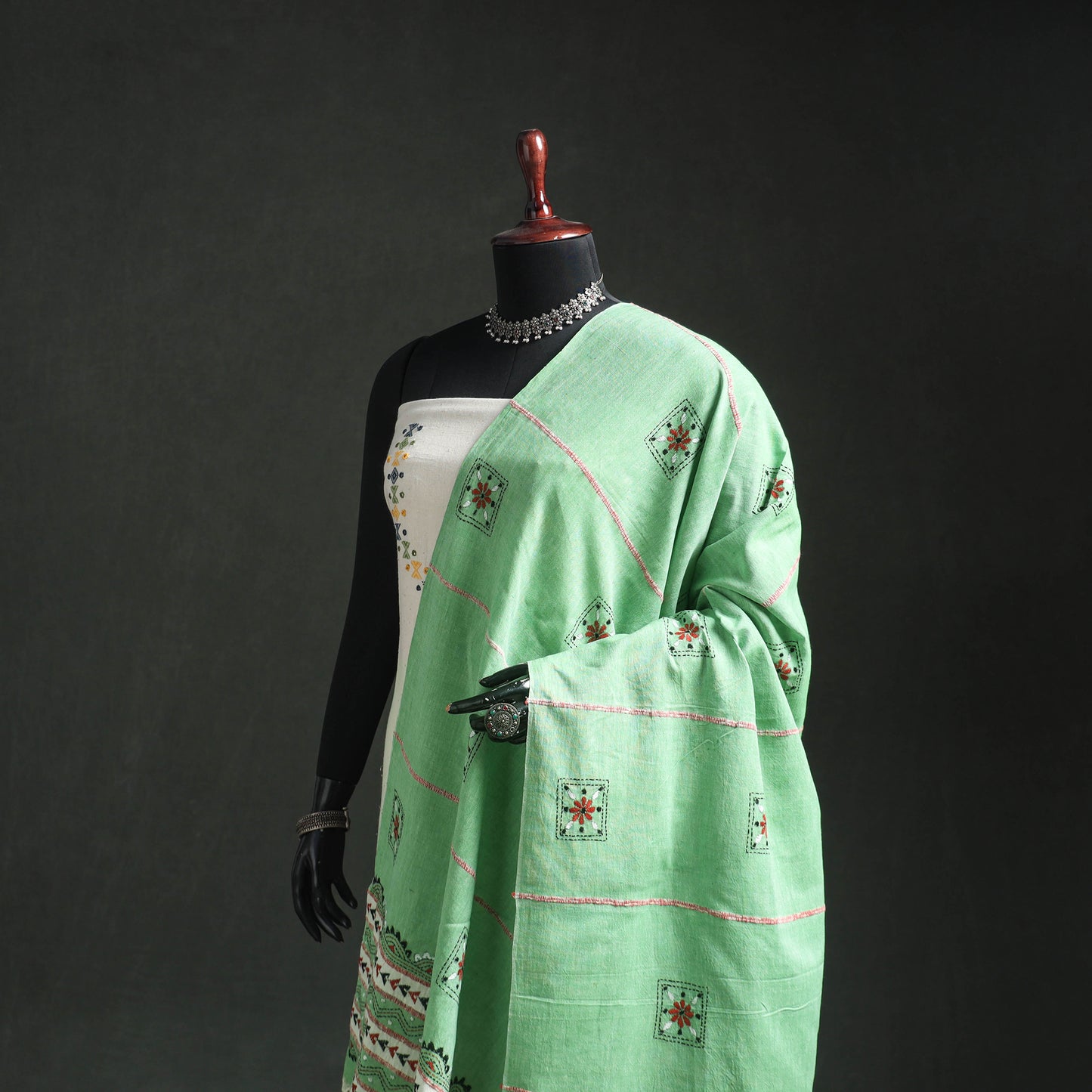 Kantha Hand Embroidered Khes Handwoven Cotton Dupatta 35