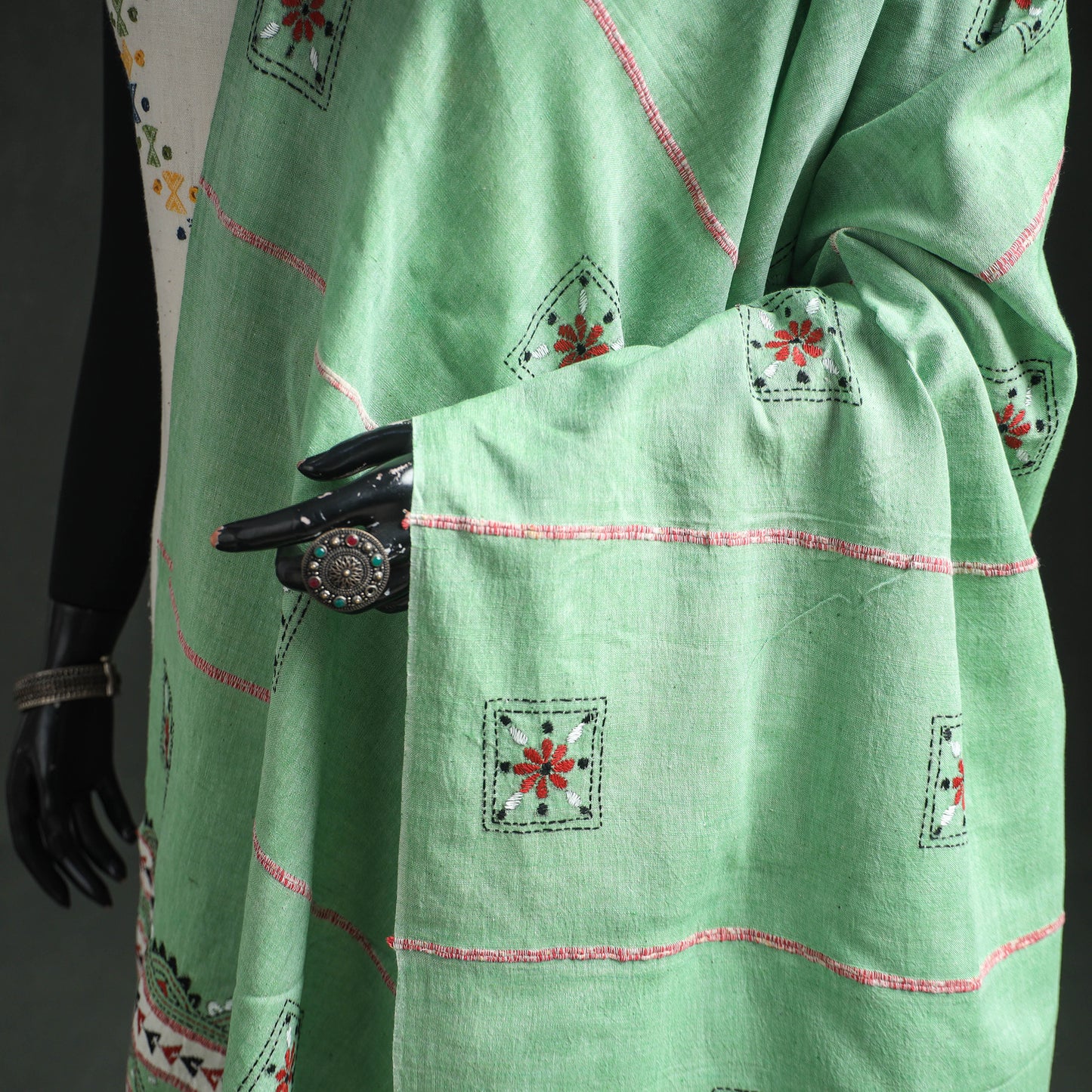 Kantha Hand Embroidered Khes Handwoven Cotton Dupatta 35
