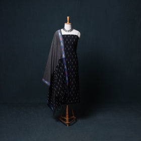 Black - Pochampally Ikat Cotton Unstitched Dress Material: Kurta, Bottom with Dupatta 01