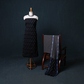 Black - Pochampally Ikat Cotton Unstitched Dress Material: Kurta, Bottom with Dupatta 01