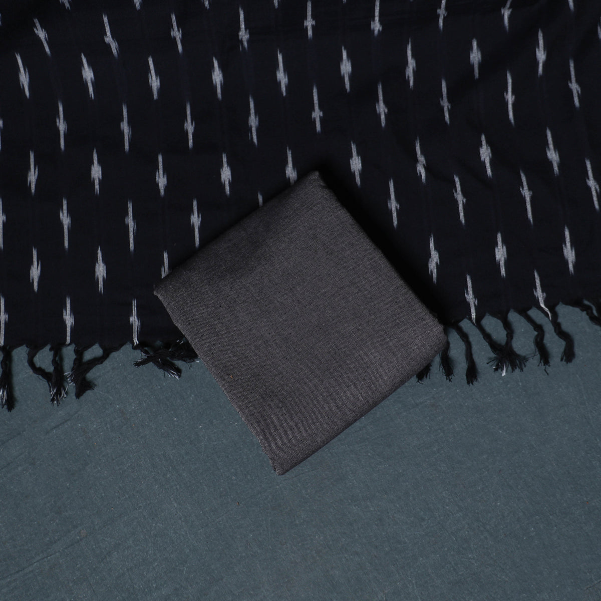 Black - Pochampally Ikat Cotton Unstitched Dress Material: Kurta, Bottom with Dupatta 01