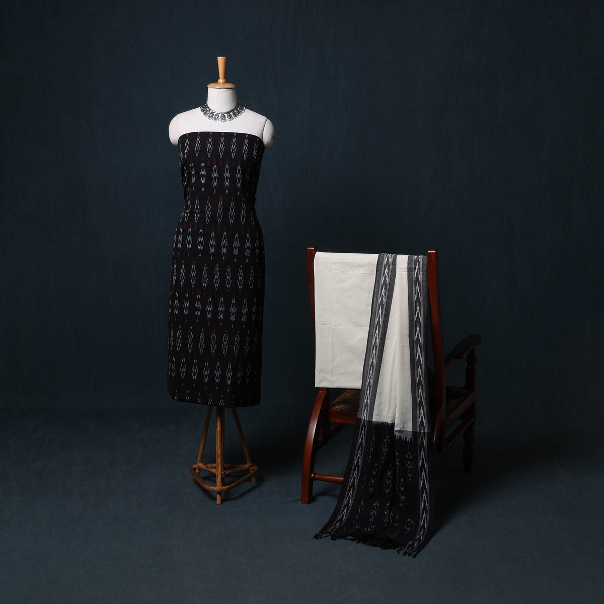Black - Pochampally Ikat Cotton Unstitched Dress Material: Kurta, Bottom with Dupatta 02