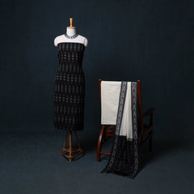 Black - Pochampally Ikat Cotton Unstitched Dress Material: Kurta, Bottom with Dupatta 02