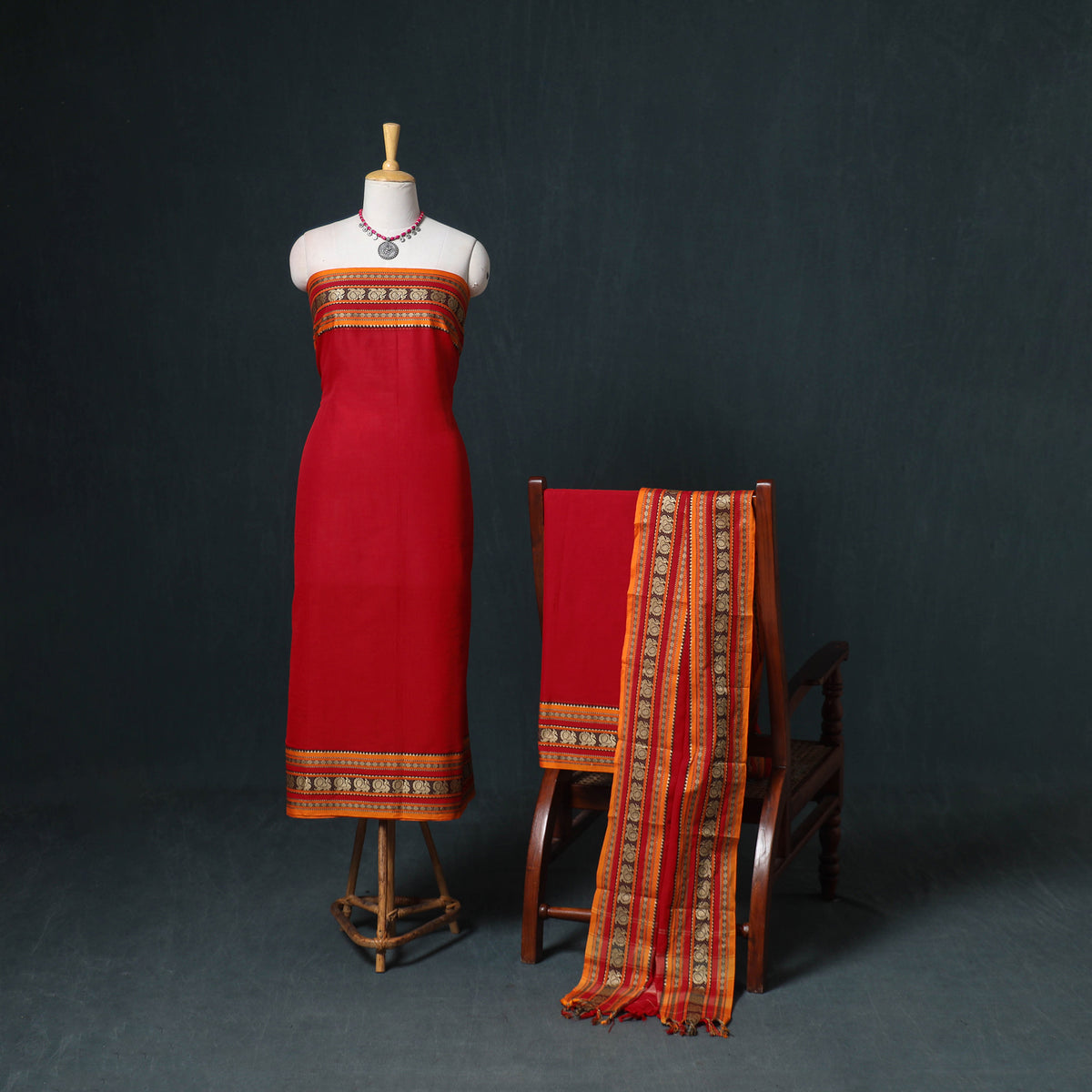 Dharwad Mercerised Cotton Plain Thread Border Unstitched Dress Material: Kurta, Bottom & Dupatta 43