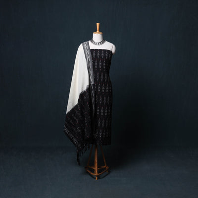 Black - Pochampally Ikat Cotton Unstitched Dress Material: Kurta, Bottom with Dupatta 02