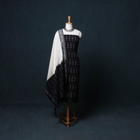 Black - Pochampally Ikat Cotton Unstitched Dress Material: Kurta, Bottom with Dupatta 02