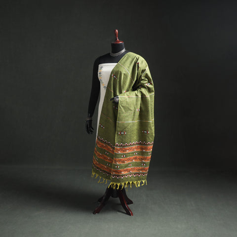 Green - Kantha Hand Embroidered Khes Handwoven Cotton Dupatta 38