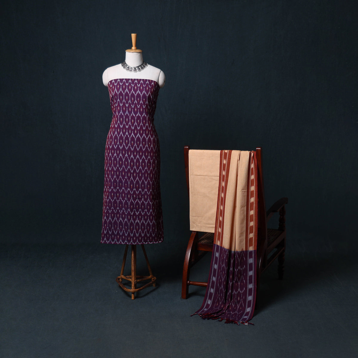 Pochampally Ikat Cotton Unstitched Dress Material: Kurta, Bottom with Dupatta 04