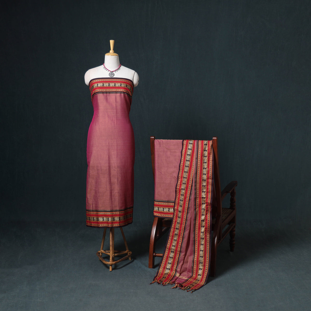 Dharwad Mercerised Cotton Plain Thread Border Unstitched Dress Material: Kurta, Bottom & Dupatta 45