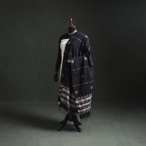 Black - Kantha Hand Embroidered Khes Handwoven Cotton Dupatta 44