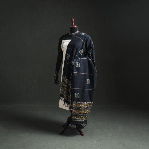 Black - Kantha Hand Embroidered Khes Handwoven Cotton Dupatta 45