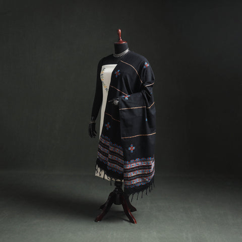 Black - Kantha Hand Embroidered Khes Handwoven Cotton Dupatta 47