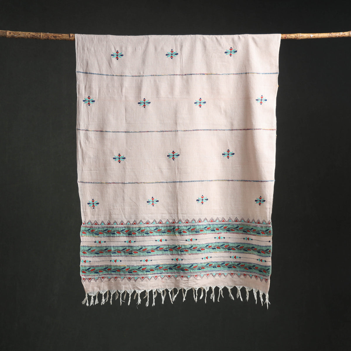 Kantha Hand Embroidered Khes Handwoven Cotton Dupatta 04