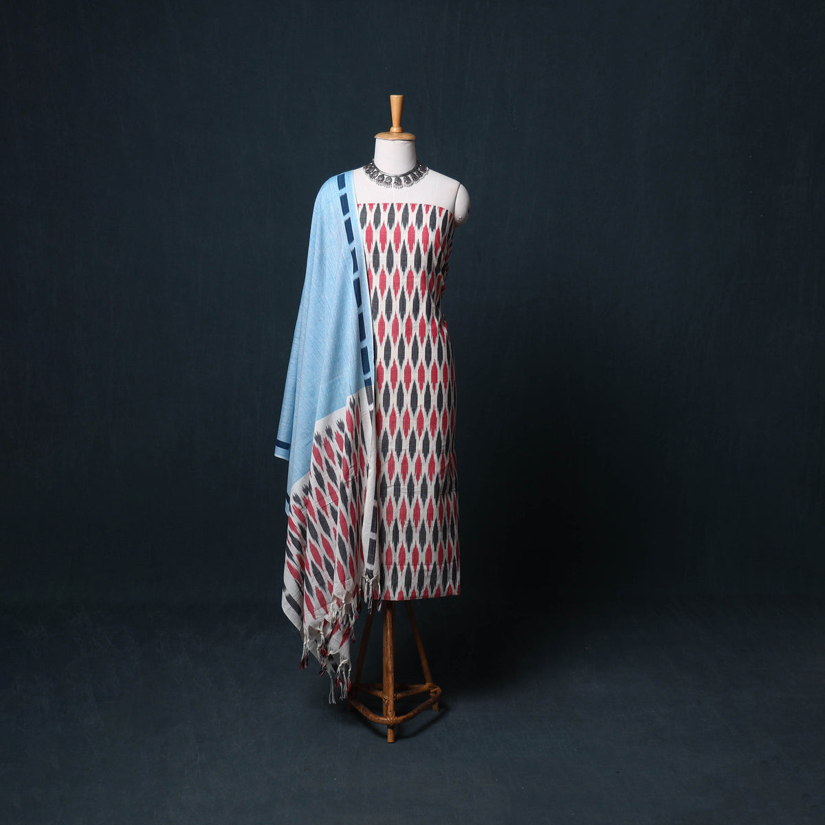 Pochampally Ikat Cotton Unstitched Dress Material: Kurta, Bottom with Dupatta 11