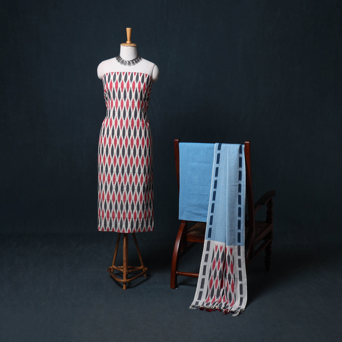 Pochampally Ikat Cotton Unstitched Dress Material: Kurta, Bottom with Dupatta 11
