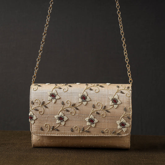 Beige - Chikankari Hand Embroidery Tussar Silk Sling Bag