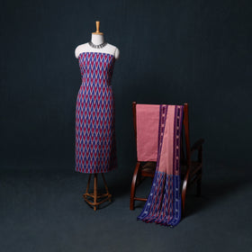 Pochampally Ikat Cotton Unstitched Dress Material: Kurta, Bottom with Dupatta 12