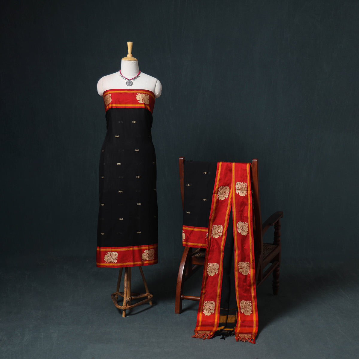 Dharwad Mercerised Cotton Plain Thread Border Unstitched Dress Material: Kurta, Bottom & Dupatta 54