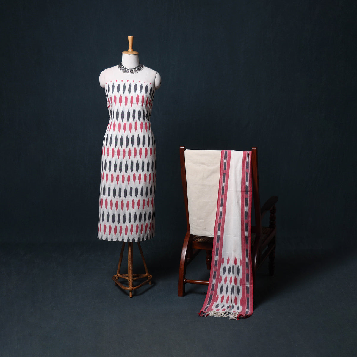 Pochampally Ikat Cotton Unstitched Dress Material: Kurta, Bottom with Dupatta 14