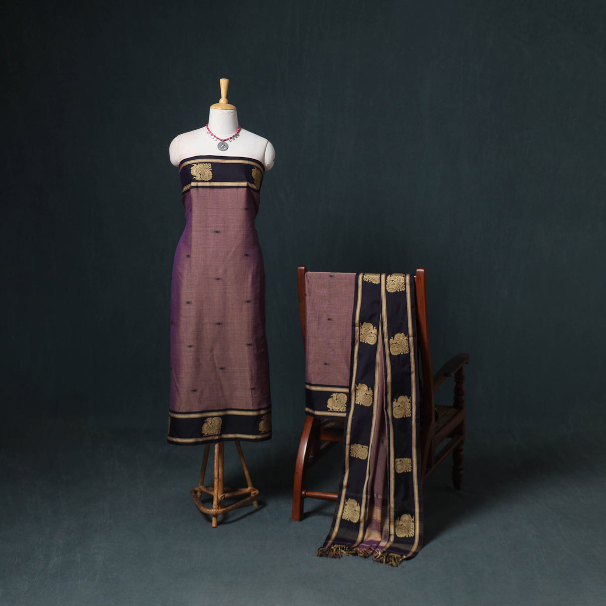 Dharwad Mercerised Cotton Plain Thread Border Unstitched Dress Material: Kurta, Bottom & Dupatta 55
