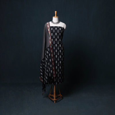Black - Pochampally Ikat Cotton Unstitched Dress Material: Kurta, Bottom with Dupatta 15