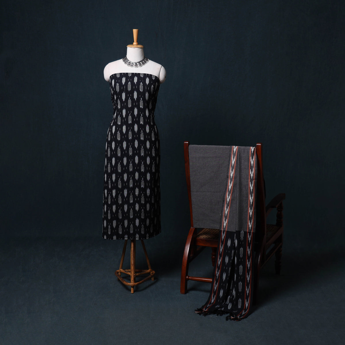 Black - Pochampally Ikat Cotton Unstitched Dress Material: Kurta, Bottom with Dupatta 15