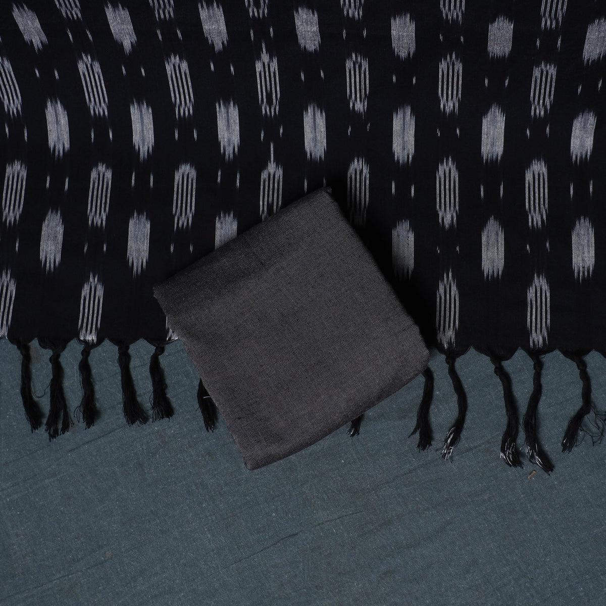 Black - Pochampally Ikat Cotton Unstitched Dress Material: Kurta, Bottom with Dupatta 15