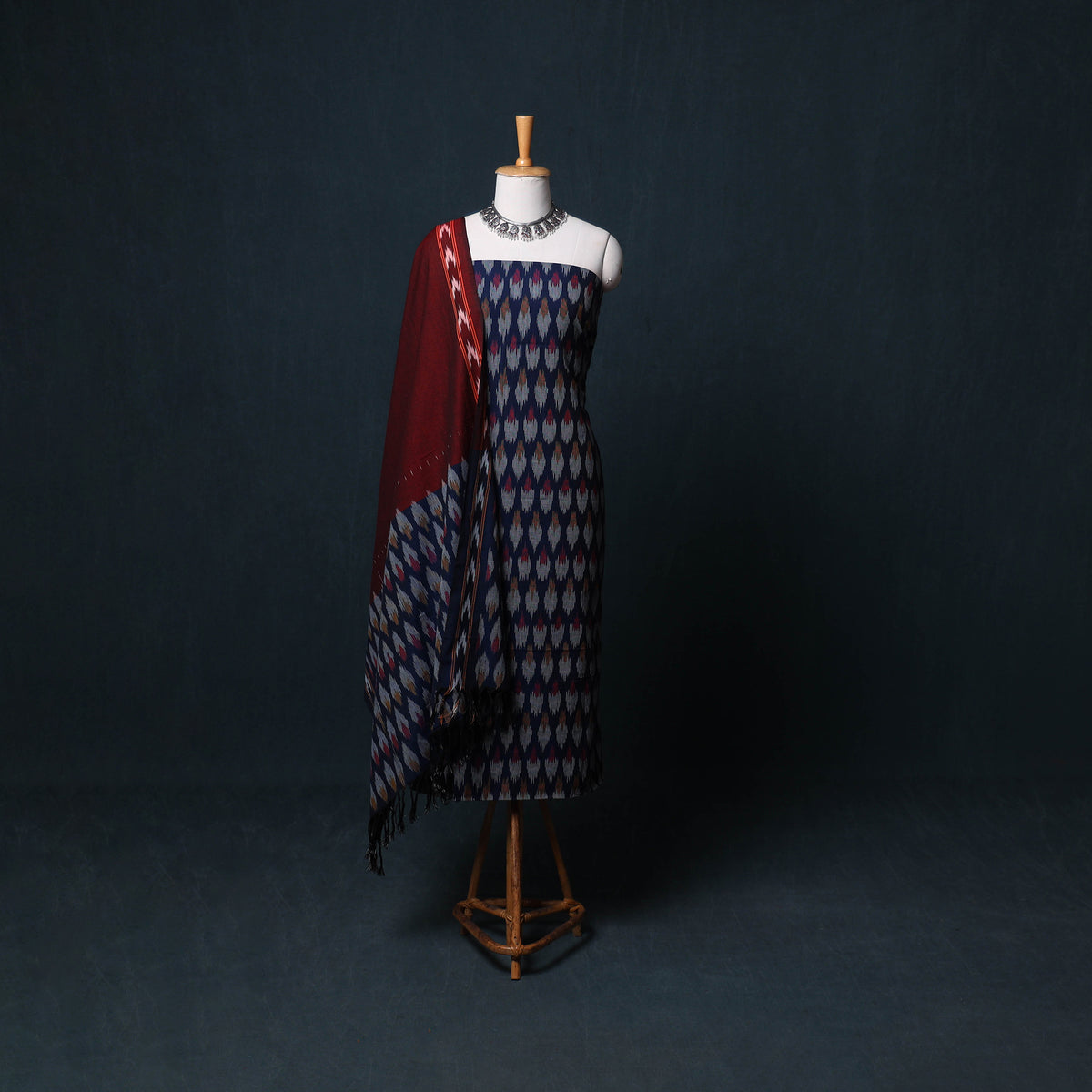 Pochampally Ikat Cotton Unstitched Dress Material: Kurta, Bottom with Dupatta 16